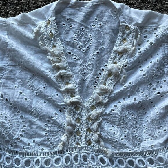 White Lace Babydoll Mini Dress Womens Medium/Large Boho Tassels Made in Italy - Picture 2 of 7